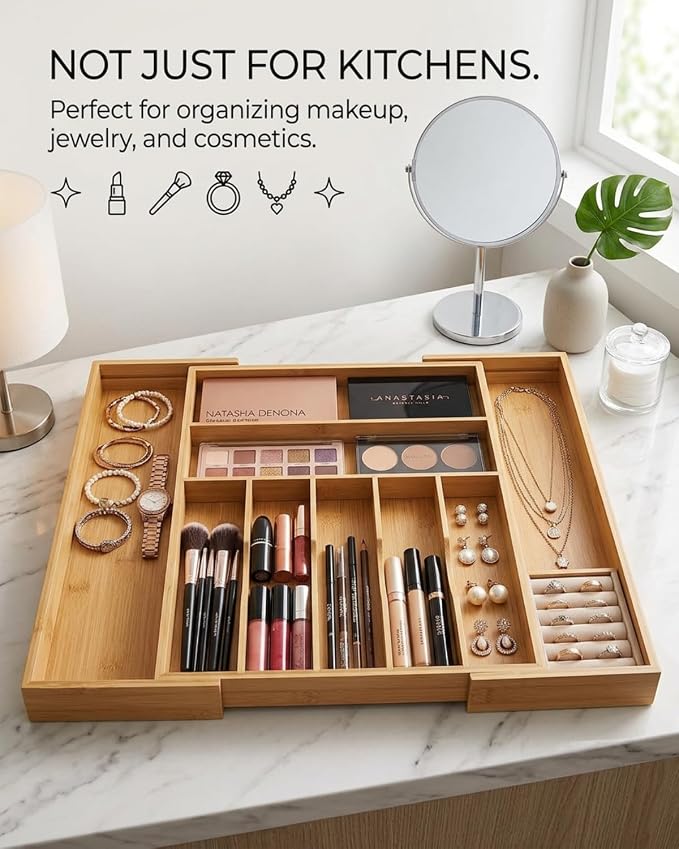 Expandable Bamboo Silverware Drawer Organizer, 5-7 Compartments | Expands to Fit Most Drawers, 5-7 Compartments, Dual-Zone Storage for Flatware and Large Utensils - Image 6