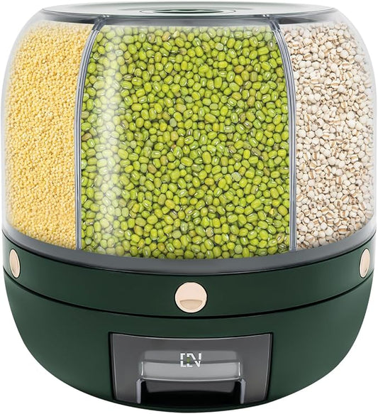 360° Rotating Grain Dispenser With 6 Grids, 13.2lbs Large Capacity Grain Dispenser Rotating Kitchen Storage Containers With Sealed Lid For Peanut Barley Millet And Cereal (Green, 13.2 lbs) by Unknown