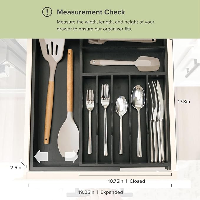 Silverware & Utensil Drawer Organizer, 10.5-19 in, Black Bamboo | Cutlery, flatware, food-safe contract grade, kitchen drawer fit - Image 4