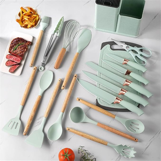 19 Pcs Kitchen Cooking Utensils and Knife Set with Block, Include 11 Pcs Silicone Cooking Utensils Set 5 Pieces Sharp Stainless Steel Chef Knives Scissors Whisk Tongs and Cutting Board (Light Green) - Image 2