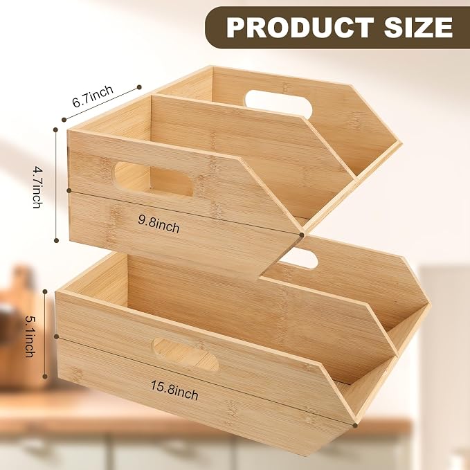 Bamboo Pantry Organizers and Storage Bins, 2 Set Stackable Baskets for Vegetables, Potatoes, Onion, Garlic, Bread - Bamboo Kitchen Containers for Pantry Drawer, Counter, Cabinet - Image 3