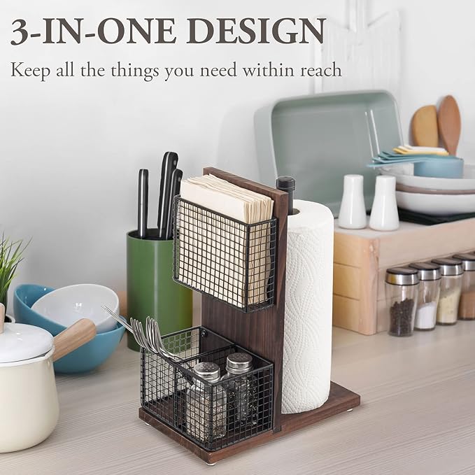 MyGift 3-in-1 Kitchen Organizer with Paper Towel Holder, Napkin Holder & Spice Rack - Rustic Wood & Industrial Metal Pipe Caddy for Farmhouse Dining Table - Image 5