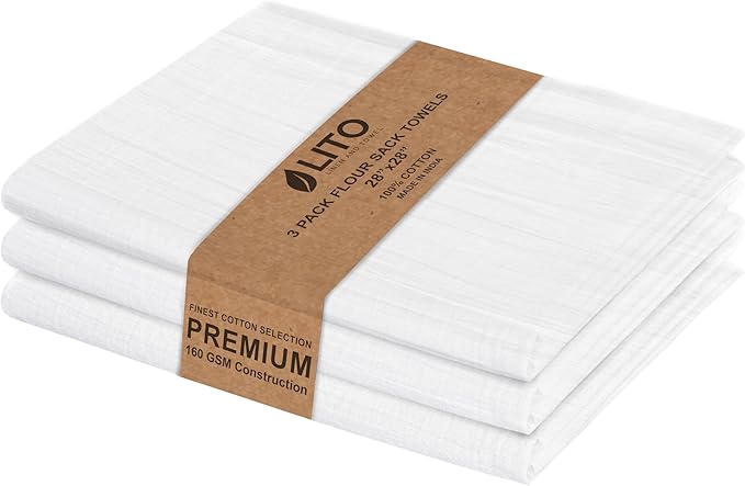 LITO LINEN AND TOWEL Flour Sack Towels – 100% Cotton, 28x28 Inches, Highly Absorbent, Embroidery-Ready Tea Towels for Kitchen & Crafts, Farmhouse Decor, Pack of 3 White by LITOLinenandTowel