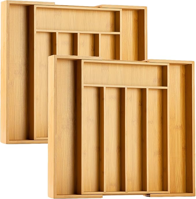 Silverware Organizer 2 PIECE with grooves Kitchen Drawer Organizer Expandable Bamboo Utensil Holder Cutlery Tray for Kitchen Utensil and Flatware by Bellsal
