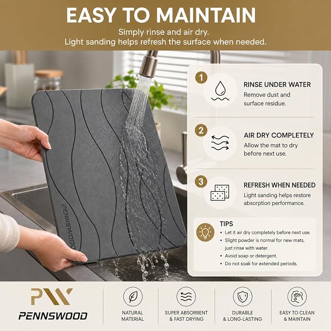 2 Pack Large Stone Dish Drying Mats for Kitchen Counter, （24" x 16" + 16" x 12"）, Diatomaceous Earth, Ultra Absorbent, Quick Dry, with Wooden Feet and Non-Slip Mesh Liners - Image 10
