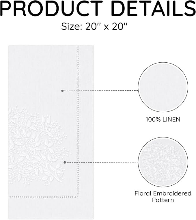 Cloth Napkins Set of 4, 20x20 inch, 100% Linen Hand Embroidered French Knot, Reusable & Machine Washable, Elegant Table Napkins for Dinner, Weddings, Parties (White) - Image 3