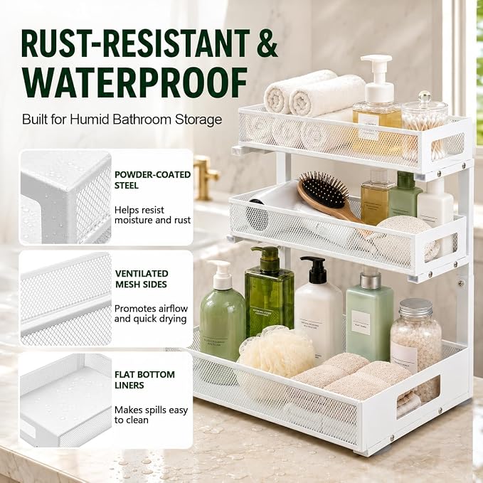 3 Tier Under Sink Organizer,2 Pack Pull Out Cabinet Shelves with Adjustable Height,Heavy Duty Carbon Steel L-Shaped Storage for Kitchen Bathroom Sink,Pantry & Laundry,White - Image 5