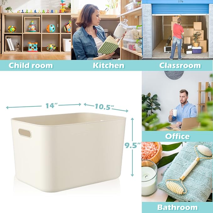 Zopeal Plastic Storage Bins 10 Pcs White Pantry Organizer Bins Small Baskets Storage Containers for Home Kitchen (14 x 10.5 x 9.5 Inch) - Image 2