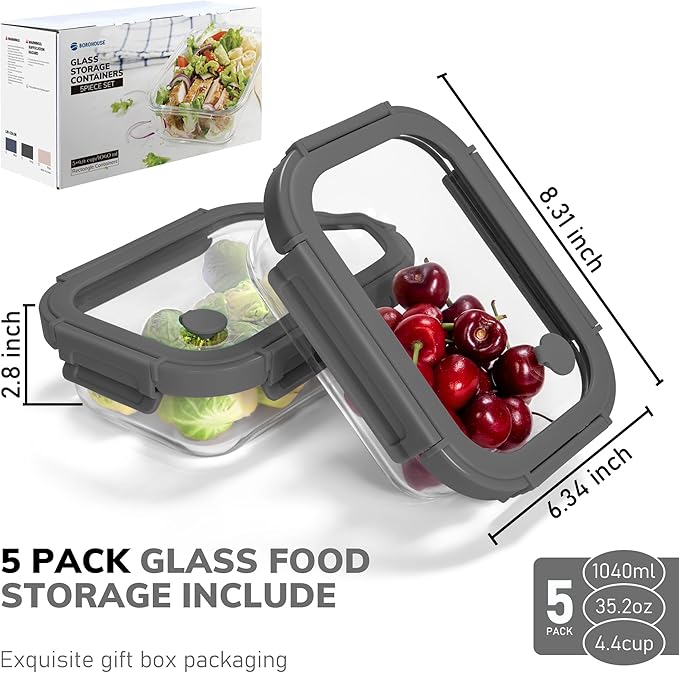 5-Pack Borosilicate Glass Containers with Tempered Glass Lids, 35.2oz/4.4 Cup Airtight Meal Prep Set, Microwave/Freezer Safe (Gray) - Image 2
