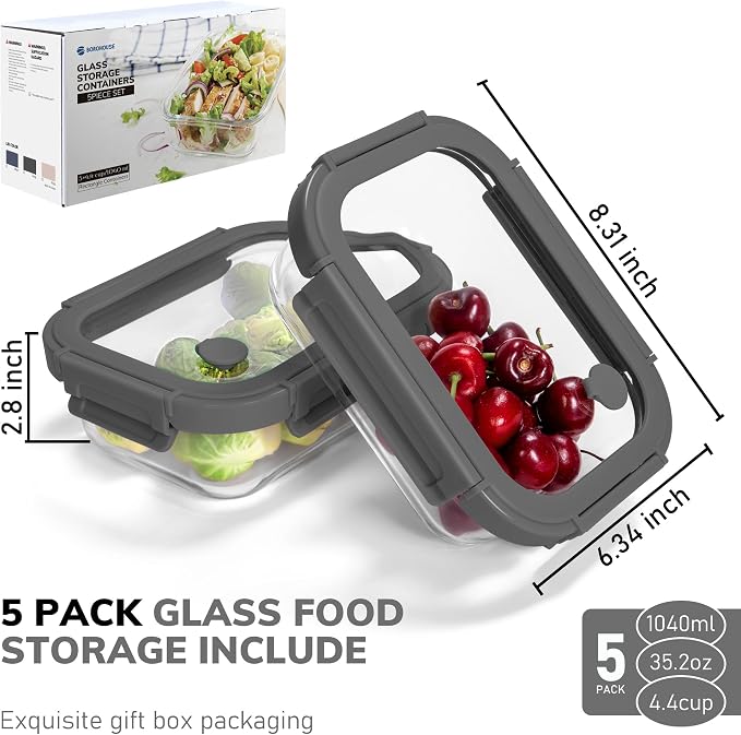 5-Pack Borosilicate Glass Containers with Tempered Glass Lids, 35.2oz/4.4 Cup Airtight Meal Prep Set, Microwave/Freezer Safe (Gray) - Image 2