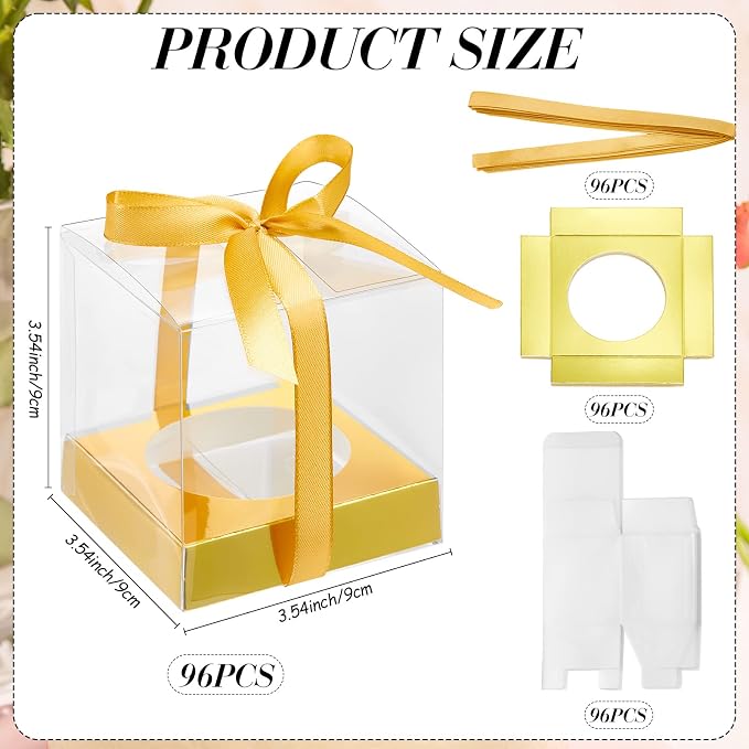 96 Pieces Individual Cupcake Boxes Single Cupcake Container Clear Cupcake Carrier Plastic Cupcake Storage Cupcake Holder with Ribbon and Insert for Wedding Birthday Party Favor, 3.5 x 3.5 x 3.5(Gold) - Image 2