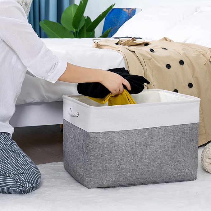 Storage Bins Baskets for Organizing, 20.5L×15.7W×13.8H 3 Pack Sturdy Fabric Storage Basket W/Handles, Decorative Foldable Storage Baskets for Shelves Closet Nursery Toy (White & Grey) - Image 6