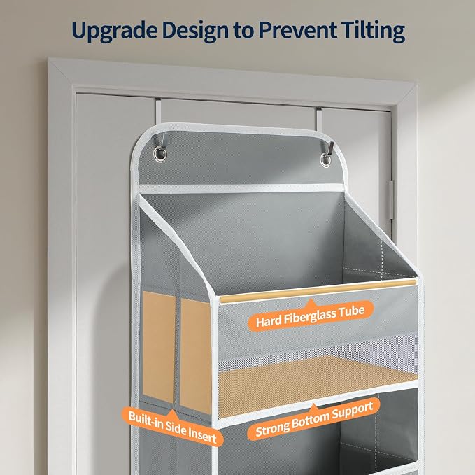 Yecaye Over The Door Organizer Storage, 5-Tier Heavy Duty Door Organizers Hanging with 10 Side Mesh Pockets, 44 lbs Load Capacity Behind Door Storage for Bathroom Nursery Bedroom Dorm Closet,Grey,1Pc - Image 4