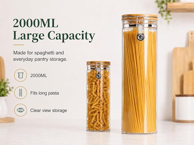 KKC HOME ACCENTS Sealed Glass Spaghetti Storage Containers,Pasta Jars with Airtight Lids,Tall Spaghetti Noodle Holder Containers, Pasta Canisters,Glass Storage Jars with Hinged Lids,68 Floz - Image 3