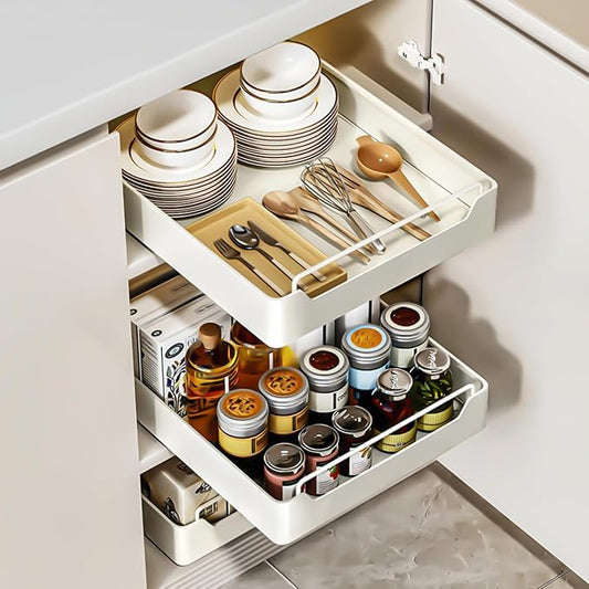Pull Out Cabinet Organizer Fixed with Adhesive Nano Film, Heavy Duty Slide Out Pantry Shelves, Sliding Drawer Pantry Shelf for Kitchen, Living Room, Home,12.2" W x16.9 D x 2.75" H by QUSEHA