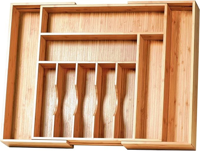 Extra Large Expandable Kitchen Siverware Utensils Drawer Organizer, 19" Deep for Big Drawer, Adjustable Bamboo Wood Drawer Divider with Curved Grooves, Cutlery Tray Flatware Holder by Umilife