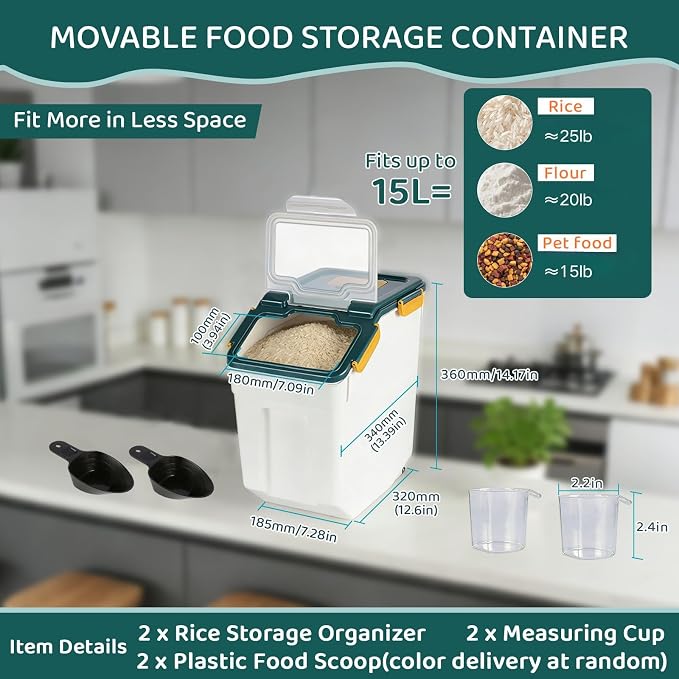 Saim 2Pack 25lb Flour&Rice Storage Container Bin,Rice Dispenser (Dark Blue) | BPA free plastic with seal lid, rolling wheels and measuring scoop for rice, flour, cereal and grain one-hand scooping - Image 2