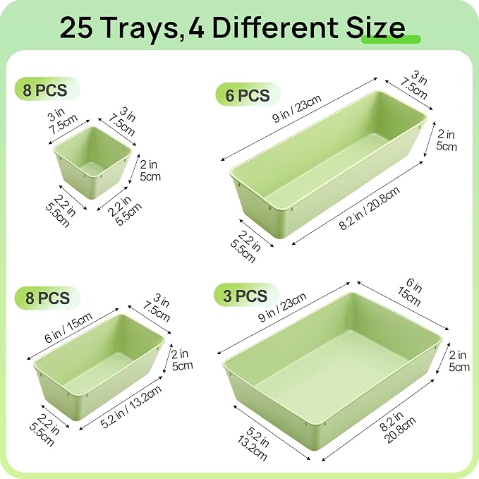 Vtopmart 25 Pack Plastic Drawer Organizers with Non-slip Rubber Pads | 4-Size Versatile Makeup Organizer, Storage Containers Small Bins for Makeup, Jewelries, Bedroom, Kitchen Utensils and Office - Image 2