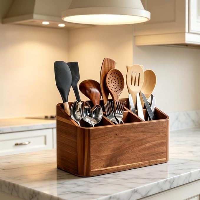 Wooden Kitchen Utensil Holder Organizer for Counter or Countertop, Large Wooden Utensil Holder for Storage Cooking and Silverware with 6 Compartment, Acacia Rustic Wood Container Extra Large - Image 5