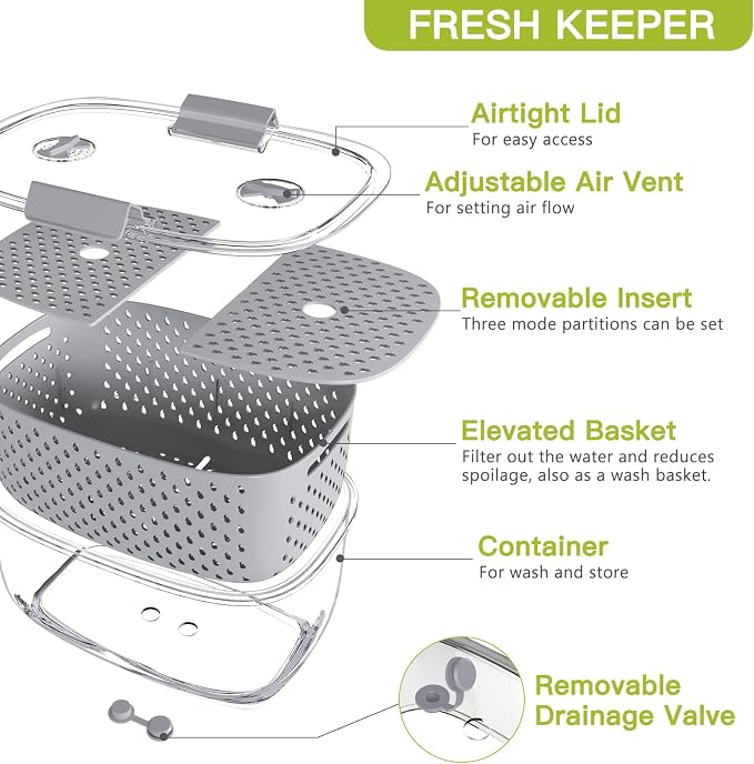 LUXEAR Fresh Produce Vegetable Fruit Storage Containers 3Piece Set, BPA-free Fridge Storage Container, Partitioned Salad Container, Fridge Organizers, Used in Storing Fruits Vegetables, Gray - Image 5
