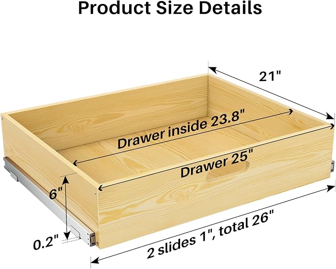 Pull Out Cabinet Organizer, Soft Close Slide Out Solid Wooden Drawers(26"W X 21"D x 6.2''H), Heavy Duty Full-extension Roll Out Shelves for Kitchen Cabinets,Pantry & Closet Organizers and Storage - Image 2