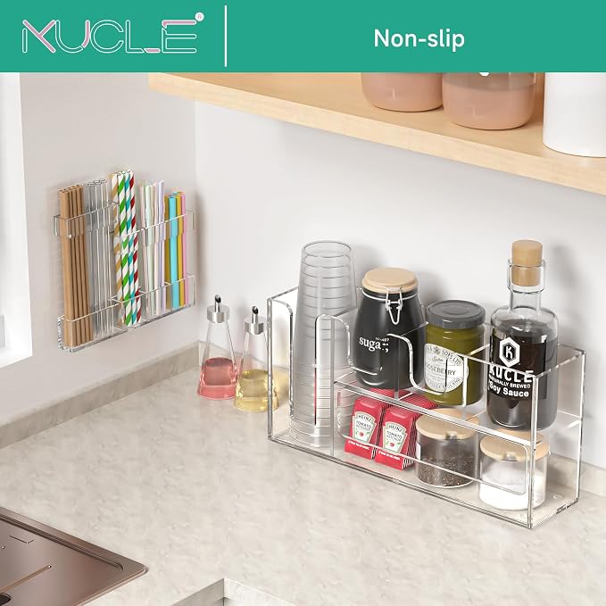 2-Tier Coffee Station Organizer for Countertop, 5 Compartments Clear Acrylic Cup and Lid Holder Tea Condiment Storage Upright Coffee Bar Organizer Pod Dispenser for Office Breakroom Home Kitchen - Image 3