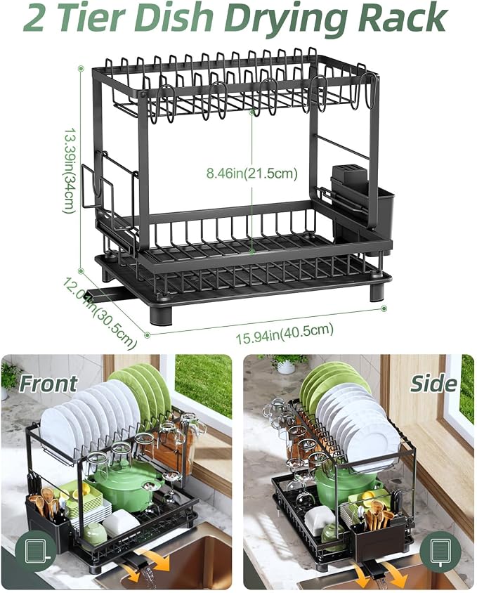 Dish Drying Rack, 2 Tier Space-Saving Dish Rack, Multifunctional Dish Drainer for Kitchen Counter with Drainboard/Utensil/Cup Holder Rustproof Carbon Steel, Black - Image 2