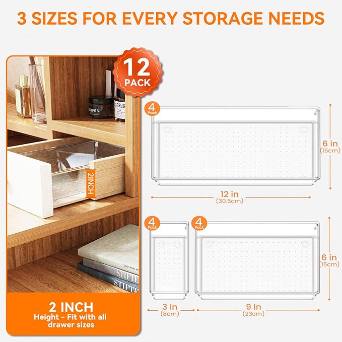 12 Pack Large Clear Plastic Drawer Organizer Trays | MULTI-USE Acrylic Drawer Storage for Kitchen, Bathroom, Makeup, Office, School, Undies | College Dorm Room, Home Apartment Essentials - Image 2