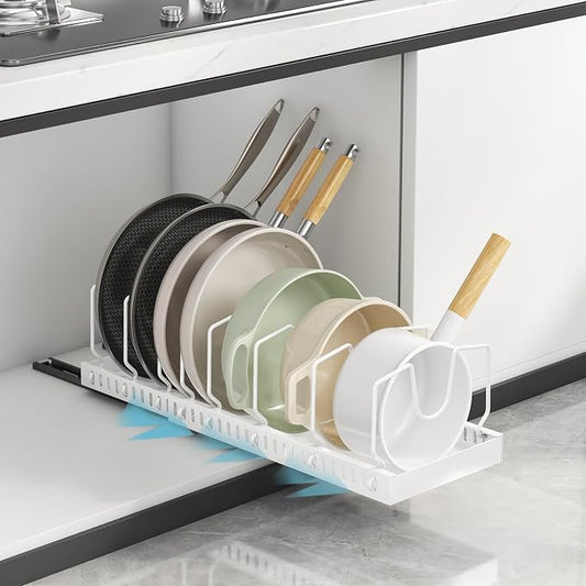 Pull Out Pot Lid Organizer, Cabinet Pan Rack, 8 Dividers | 2-pack black carbon steel rack, 16 adjustable dividers, quiet slide rails, adhesive or screw mount for lids, pans, bakeware by WOSHEN