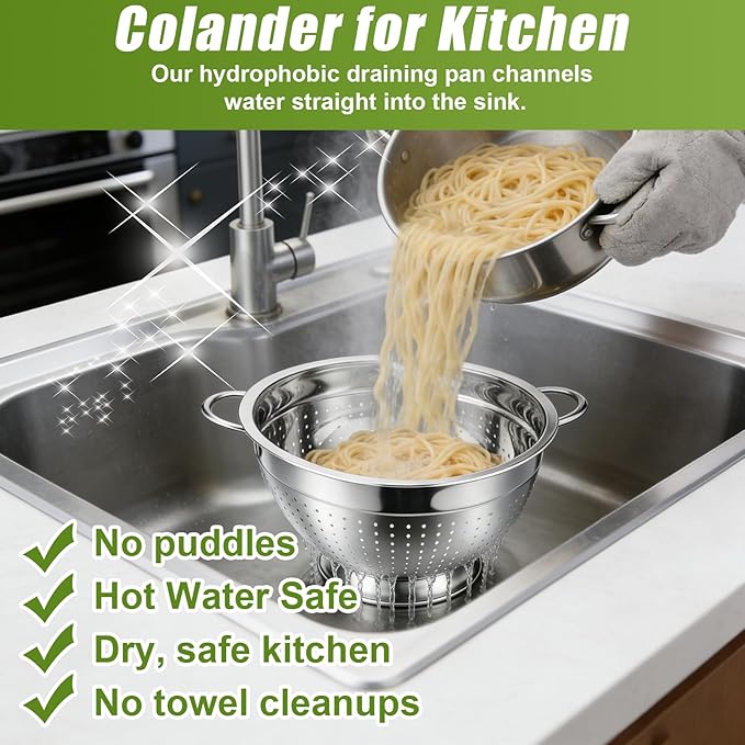 Palksky Stainless Steel Colander Set of 3, Nesting Metal Strainers with Handles and Raised Base, 7/8.7/11 Inch Kitchen Colanders for Pasta, Vegetables, Fruit, Rice, Salad and Meal Prep - Image 3
