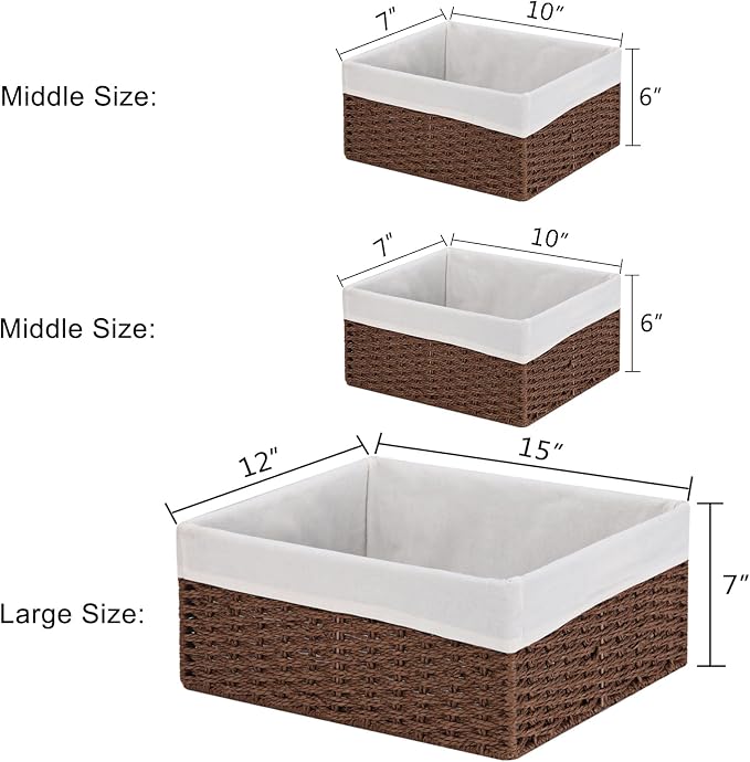 Wicker Baskets for Storage, Set of 5 Hand-Woven Wicker Storage Baskets for Shelves, Cube Storage Baskets Bins with Handles, Wicker Basket for Organizing Pantry Bedroom, Brown - Image 3