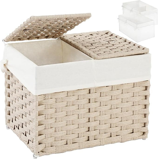 SETVSON Storage Basket with Lid, 2-Lid PE Rattan Storage Bin, Light Khaki | Dual Lid Small Items & Accessories Organizer, Divided Sock & Underwear Bin, 2 Washable Liner Bags, Small Collapsible Trunk by SETVSON