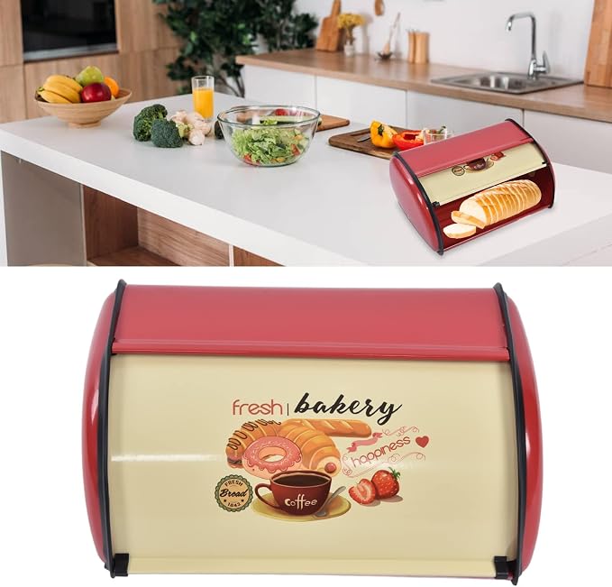 Metal Bread Box for Kitchen Countertop, Large Capacity Bread Bin Holder Container Roll Top Lid Bread Storage for Dry Food Save Powder Coated Iron Bread Box for Home Bakery Coffee Shop (Red) - Image 5