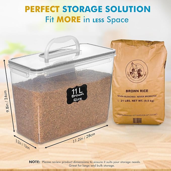 Shazo 2 PC (11L | 372 oz) Flour Sugar Storage Containers with Easy Carry Handle - Plastic Extra Large Food Storage Containers with Lids for Rice Cereal, BPA Free & Airtight Kitchen Pantry Organization - Image 3