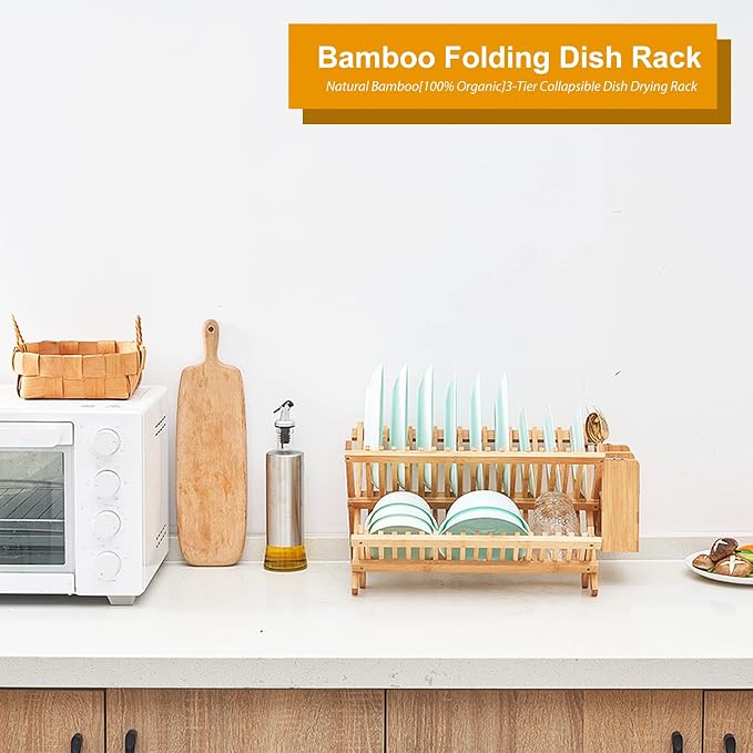 Bamboo Dish Drying Rack, 3-Tier Collapsible Wooden Dish Rack with Utensil Holder, Bamboo Dish Drainer Rack for Kitchen Counter 25pcs - Image 7