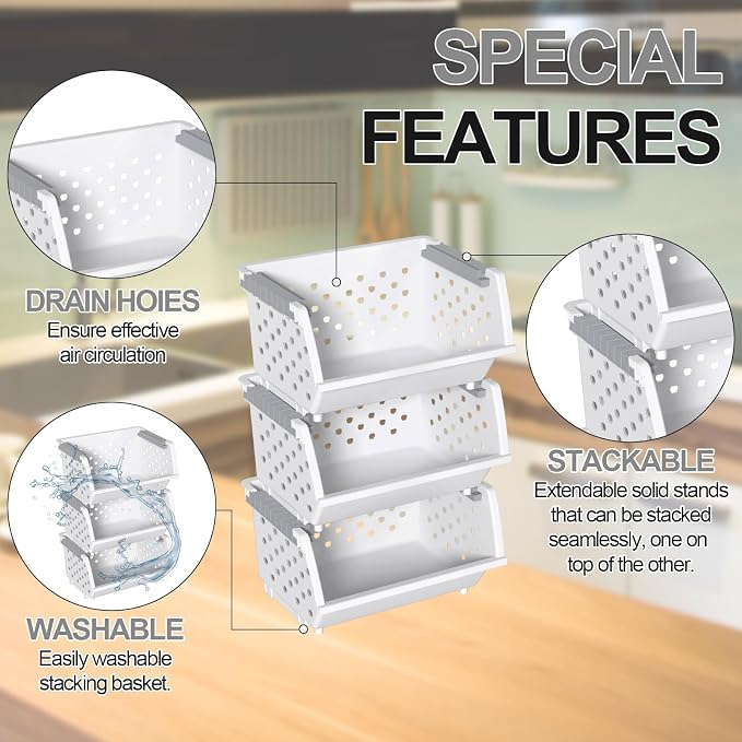 Stackable Storage Bins, Open Front for Pantry Storage, 3 Pack | Plastic Kitchen Organizer Basket, Open Front Access, Stacking Bins for Snacks, Produce and Pantry Items, White - Image 3