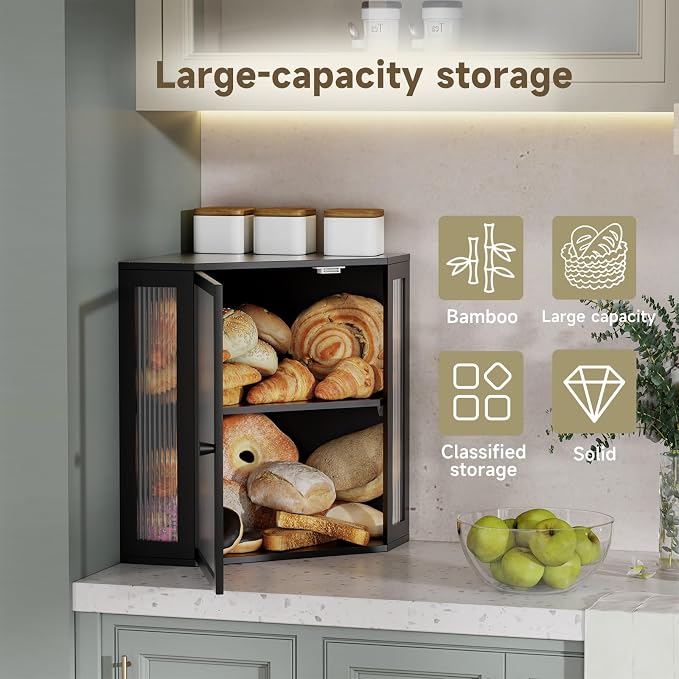 Corner Bread Box for Kitchen Countertop,Bread Storage (Black, Extra Large) | Double Layer Large Capacity Bamboo Bread Container Bin with Acrylic Door,Height Adjustable - Image 6