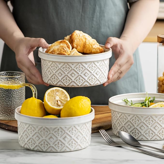40 Oz Ramekins Ceramic Airtight Bowls Set of 4 - Large Mixing Bowls with Lids Set for Salad, Pho, Soup, Pasta, Dessert, Serving, Oatmeal, Baking Dishes, Dishwasher & Microwave Safe, Beige - Image 3