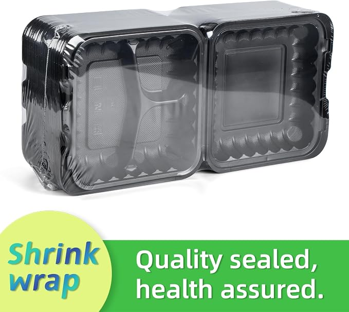 65-Pack 30oz 7.8 Inch Black Bento Box - Shrink Wrapped No Pre-Wash | 3-Compartment Reusable & Sturdy | Microwave and Freezer Safe Takeout Containers for Catering, Meal Delivery & Leftovers - Image 2