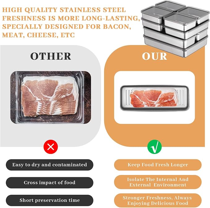 Hushee 9 Pack Bacon Cheese Container for Refrigerator, 304 Stainless Steel Airtight Deli Meat Container, Dishwasher Safe Fridge Storage Fruit Lunch Storage with Lids for Fridge, 4 Sizes - Image 3