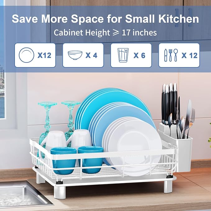 MOUKABAL Dish Drying Rack with Drainboard for Kitchen Counter, White | 13×17 Large Capacity/Rustproof Stainless Steel/Fast Drainage Dish Drainer/Removable Utensil Holder/Kitchen Counter Organizer - Image 2