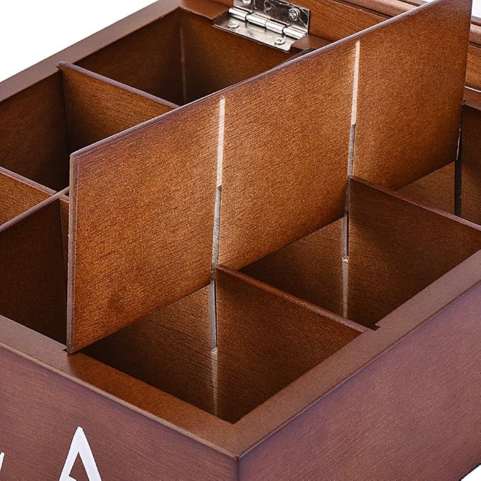 Wood Tea Storage Box, Teabag Storing 9 Compartments Wooden Tea Box Hinged Glass Lid Tea Organizer-Brown - Image 6