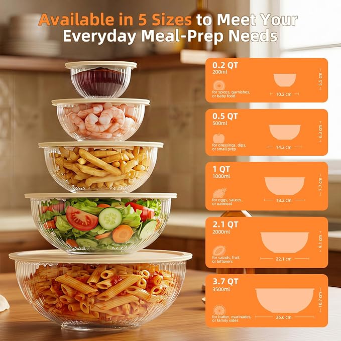 Glass Mixing Bowls with Lids Set - 5 Packs, Borosilicate Nesting Glass Bowls (3.7-2.1-1-0.5-0.2QT) for Baking, Salad, Meal Prep, Serving, Food Storage, BPA Free & Dishwasher Safe - Image 2