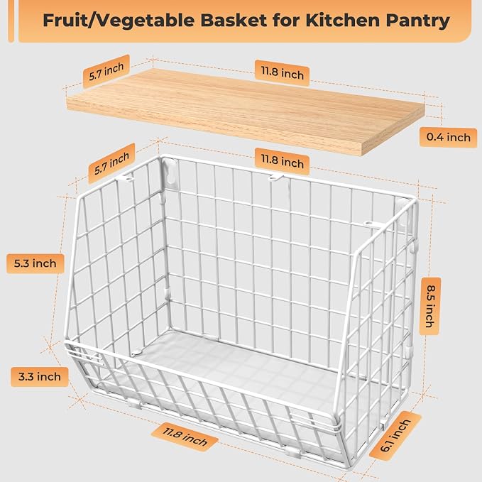 White Fruit Bowl Wire Basket Storage Pantry Fruit and Vegetable Storage Fruit Basket for Kitchen Counter Stackable Wall Mounted Hanging Basket Wire Basket with Wood Lid with Hanger Hooks - Image 9