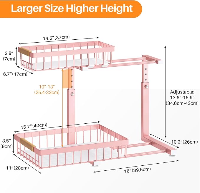 PXRACK Under Sink Organizer, Adjustable Height, 2 Tier Pull Out Under Cabinet Organizer, Slide Out Thickened Metal Under Sink Storage for Kitchen Bathroom Laundry Pantry Cabinet, Pink, Large-2-Pack - Image 8