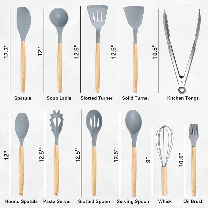 19PCS Gray Kitchen Cooking Utensils Set Kitchen Tools Set | 6 Stainless Steel Knives, 11 Silicone Utensils with 1 Cutting Board, Ideal for Apartment - Image 2