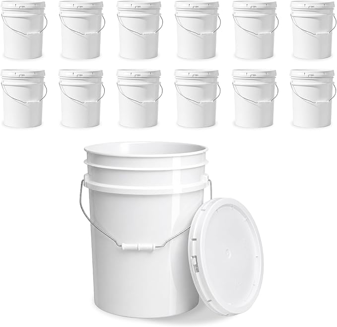 5 Gallon Bucket - Food Grade w/Lid BPA-Free,12 Pack - White | Airtight Gasketed Tear Strip Lid, Heavy-Duty 90 Mil HDPE Plastic Pail, Bulk Storage, Food Safe Durable Container, Made in USA by ePackageSupply