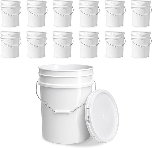 5 Gallon Bucket - Food Grade w/Lid BPA-Free,12 Pack - White | Airtight Gasketed Tear Strip Lid, Heavy-Duty 90 Mil HDPE Plastic Pail, Bulk Storage, Food Safe Durable Container, Made in USA by ePackageSupply
