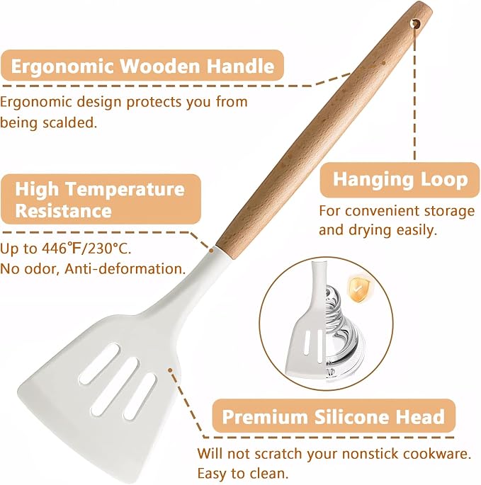 Silicone Kitchen Utensils Set of 5, Cooking Utensil Set with Heat Resistant Wooden Handle Non-Stick Silicone Spatula Spoon Turner Ladle, BPA FREE Cooking Kitchen Gadgets for Cookware & Baking - Image 2