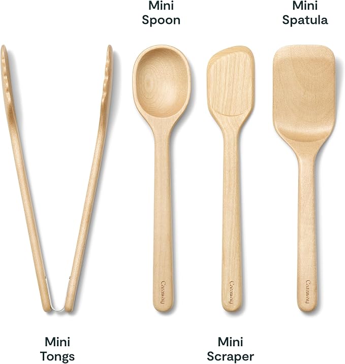 Caraway 4-Piece Mini Wooden Kitchen Utensils Set for Cooking | Serving, and Plating, Spoon, Scraper, Spatula, and Tongs - Image 3
